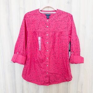 US Polo Assn Womens Button Down Shirt Size L Pink Polka Dot Retro Office Preppy